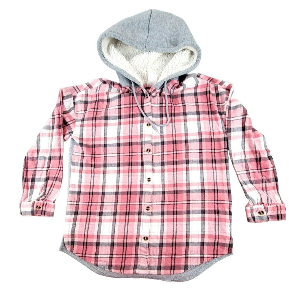 Flannel Shirt Jacket Shacket Juniors Girls Large 11-13 Red White Plaid  JH1313